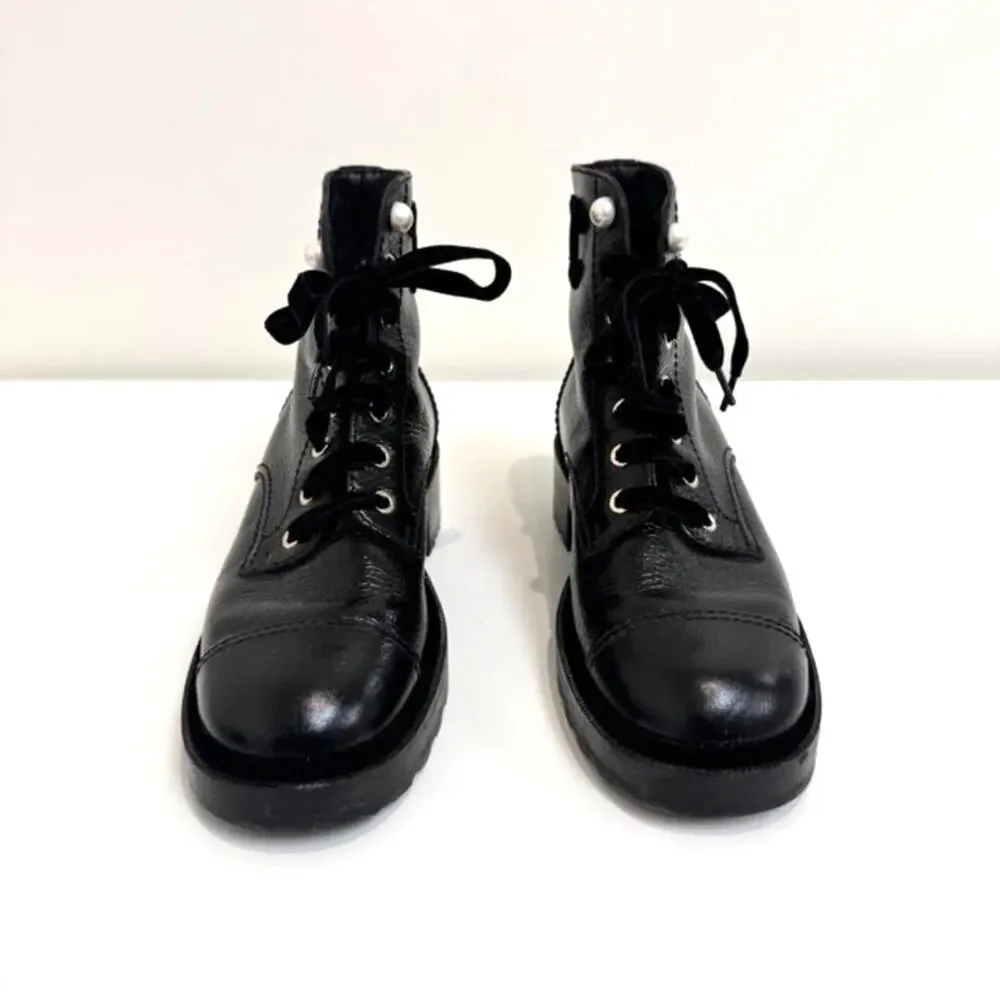 CHANEL Black Shiny Calfskin Velvet Lace Pearl Combat Boots 40 CC Logo Block Shoe